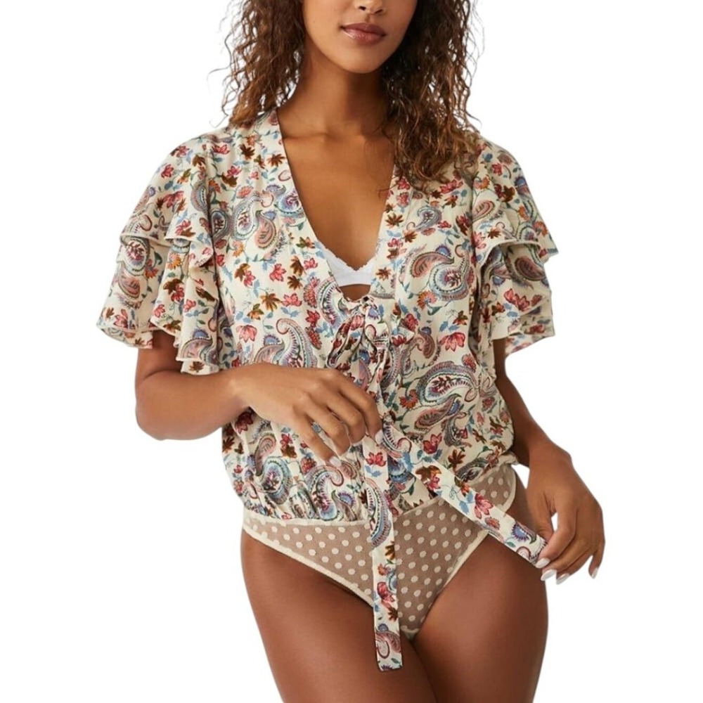Free People Intimately Floral Paisley Bodysuit Womens L Multicolor Boho Ruffle
